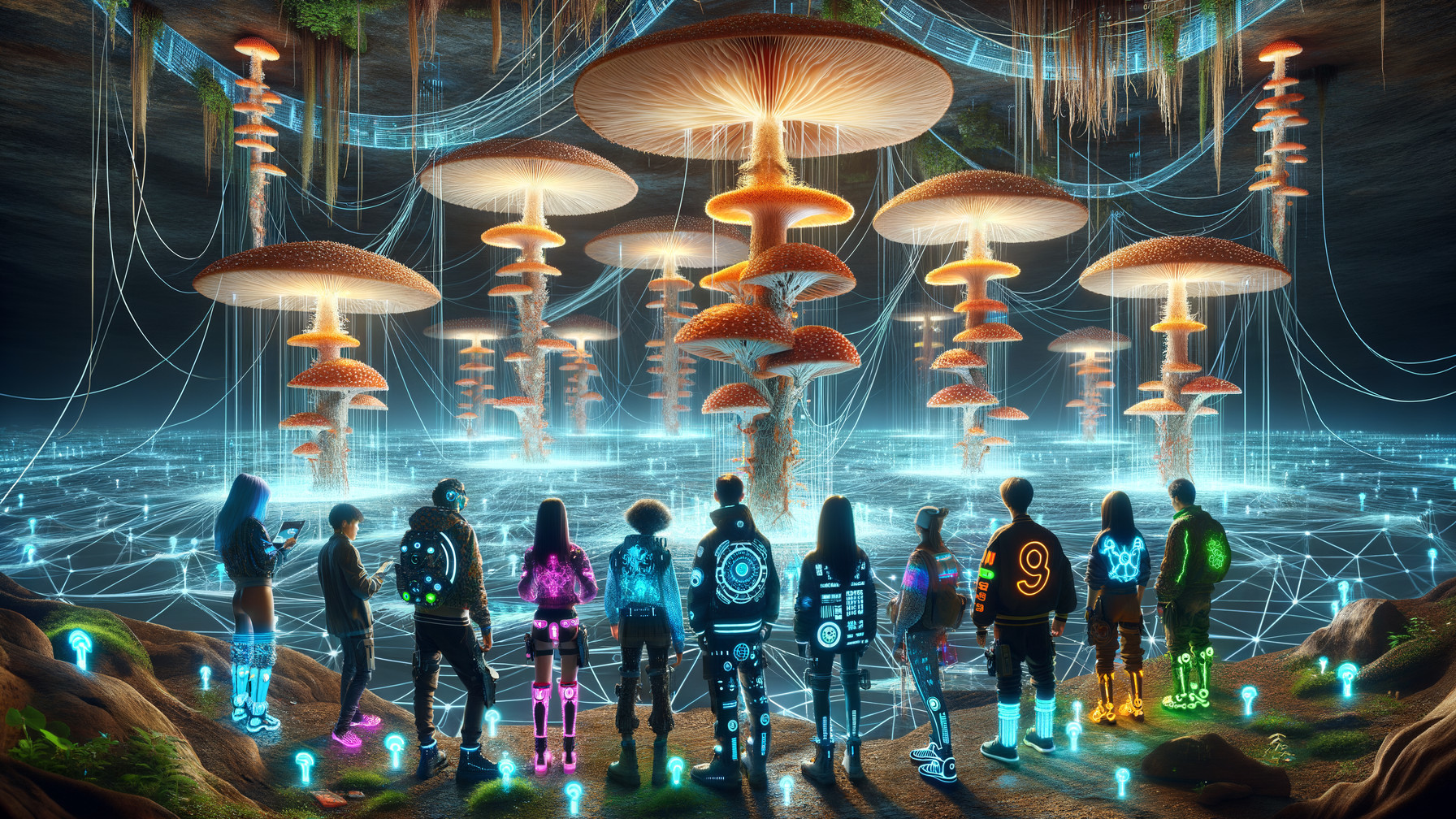Futuristic Figures Amidst Luminescent Mushrooms