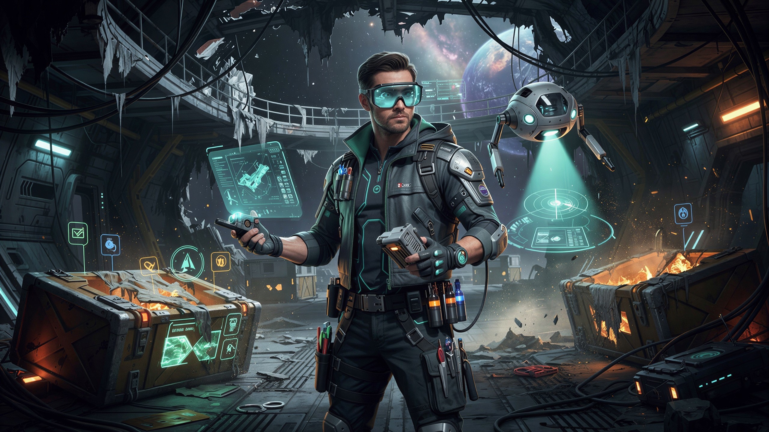 Cyberpunk Male Character in Futuristic Space Station