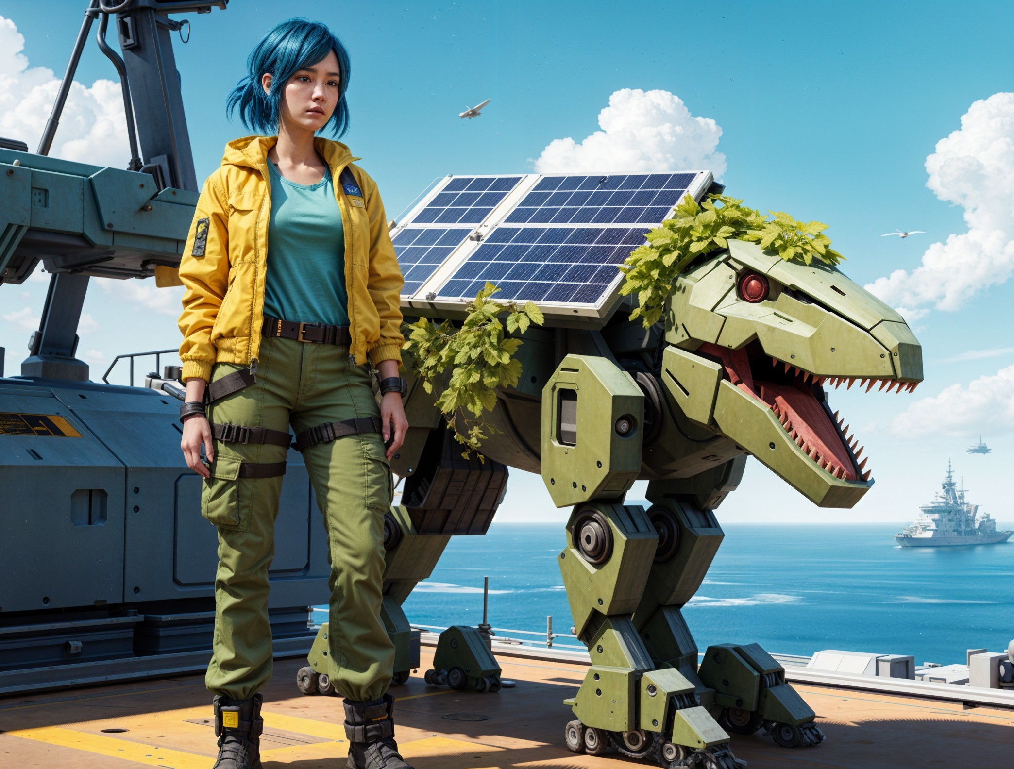 Young woman with blue hair beside dinosaur robot