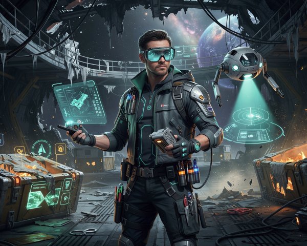Cyberpunk Male Character in Futuristic Space Station
