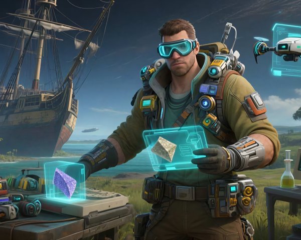 Rugged man with futuristic gear and holographic display