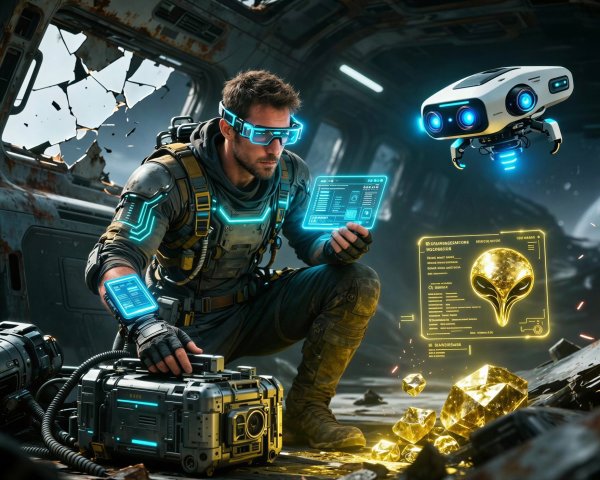 Man in Futuristic Gear Interacting with Holograms