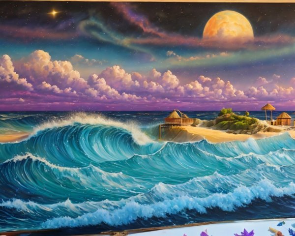 Seascape with Waves, Huts, and Vibrant Sky