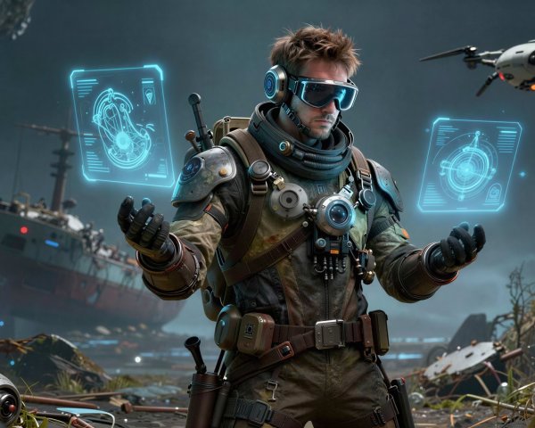 Futuristic male character in a desolate landscape