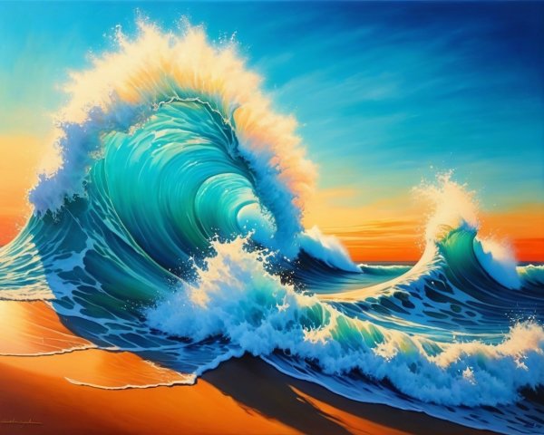 Vibrant Ocean Scene with Dynamic Wave and Sunset