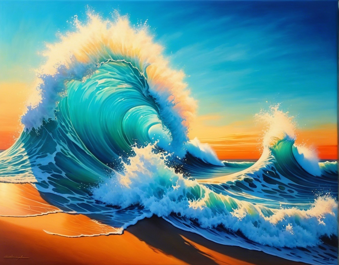 Vibrant Ocean Scene with Dynamic Wave and Sunset