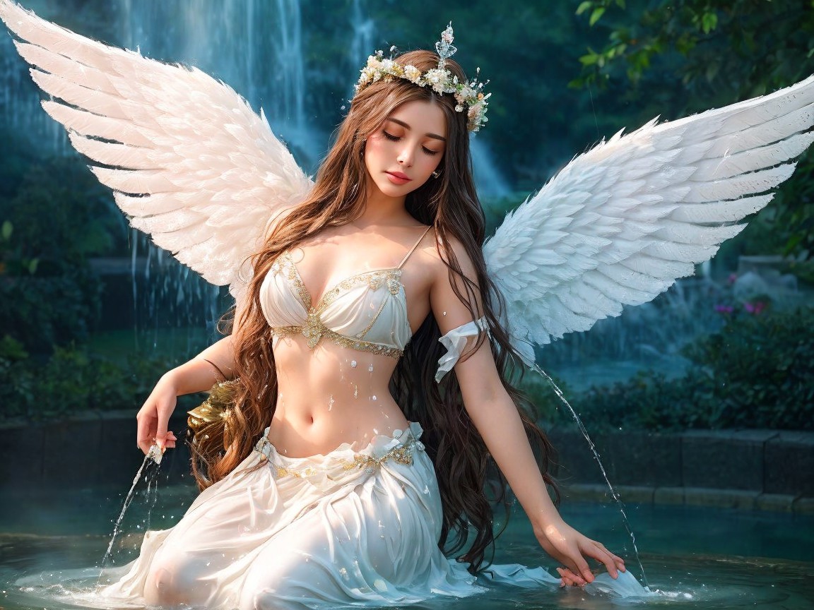 Serene Figure with Wings in Tranquil Pool Setting