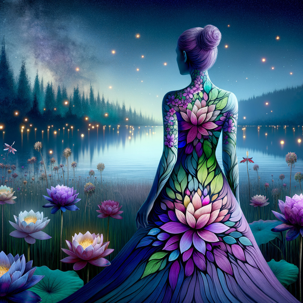 Serene Figure with Floral Patterns by Tranquil Lake