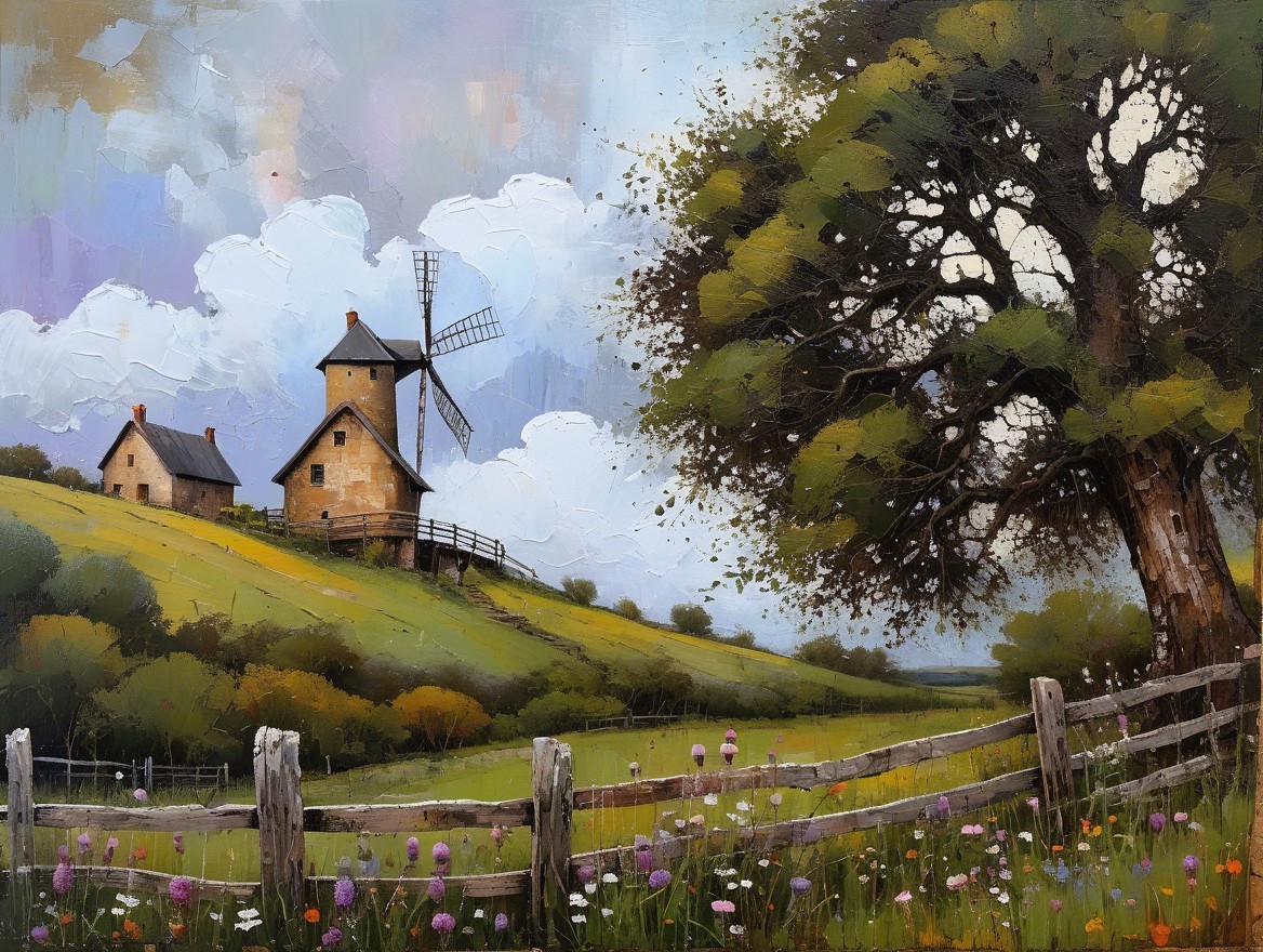 Rustic Windmill Amid Rolling Hills and Wildflowers