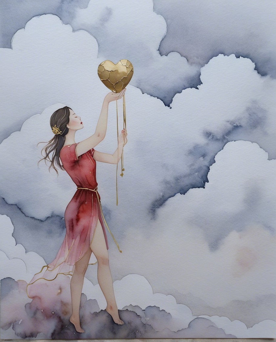 Serene Figure in Red Dress with Heart Balloon on Cloud