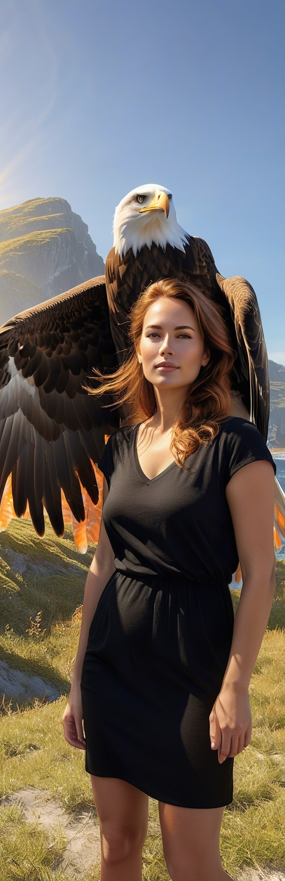 Confident Woman in Black Dress with Majestic Eagle