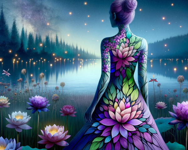 Serene Figure with Floral Patterns by Tranquil Lake