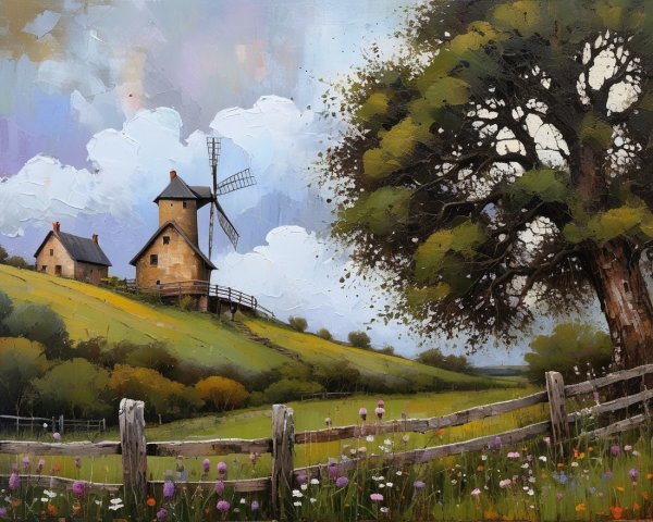 Rustic Windmill Amid Rolling Hills and Wildflowers
