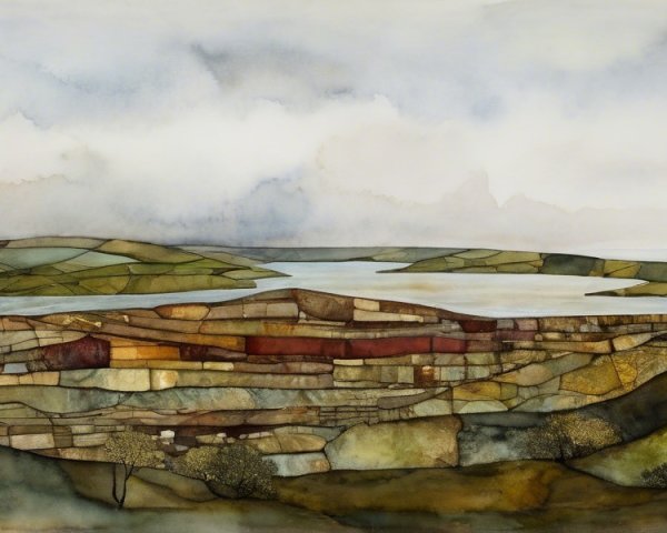 Serene landscape with rolling hills and distant water