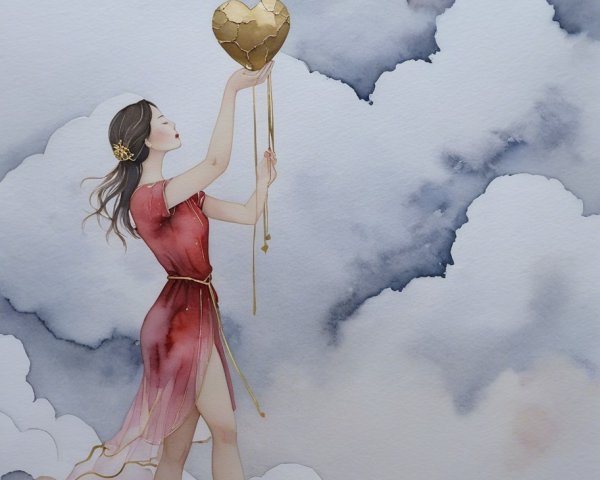 Serene Figure in Red Dress with Heart Balloon on Cloud