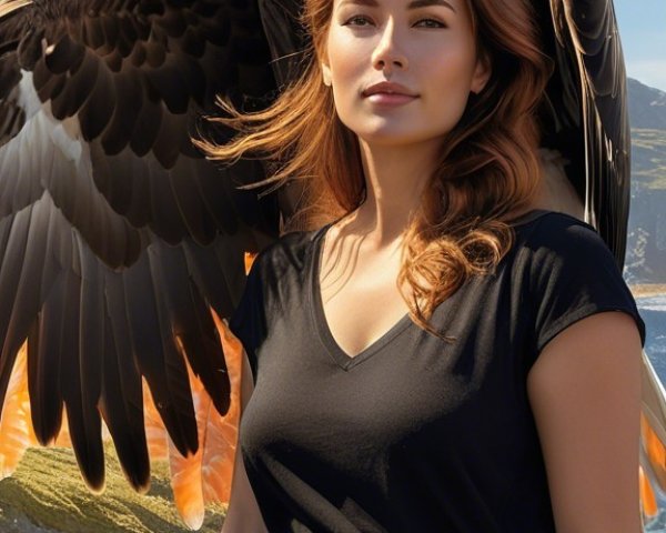 Confident Woman in Black Dress with Majestic Eagle