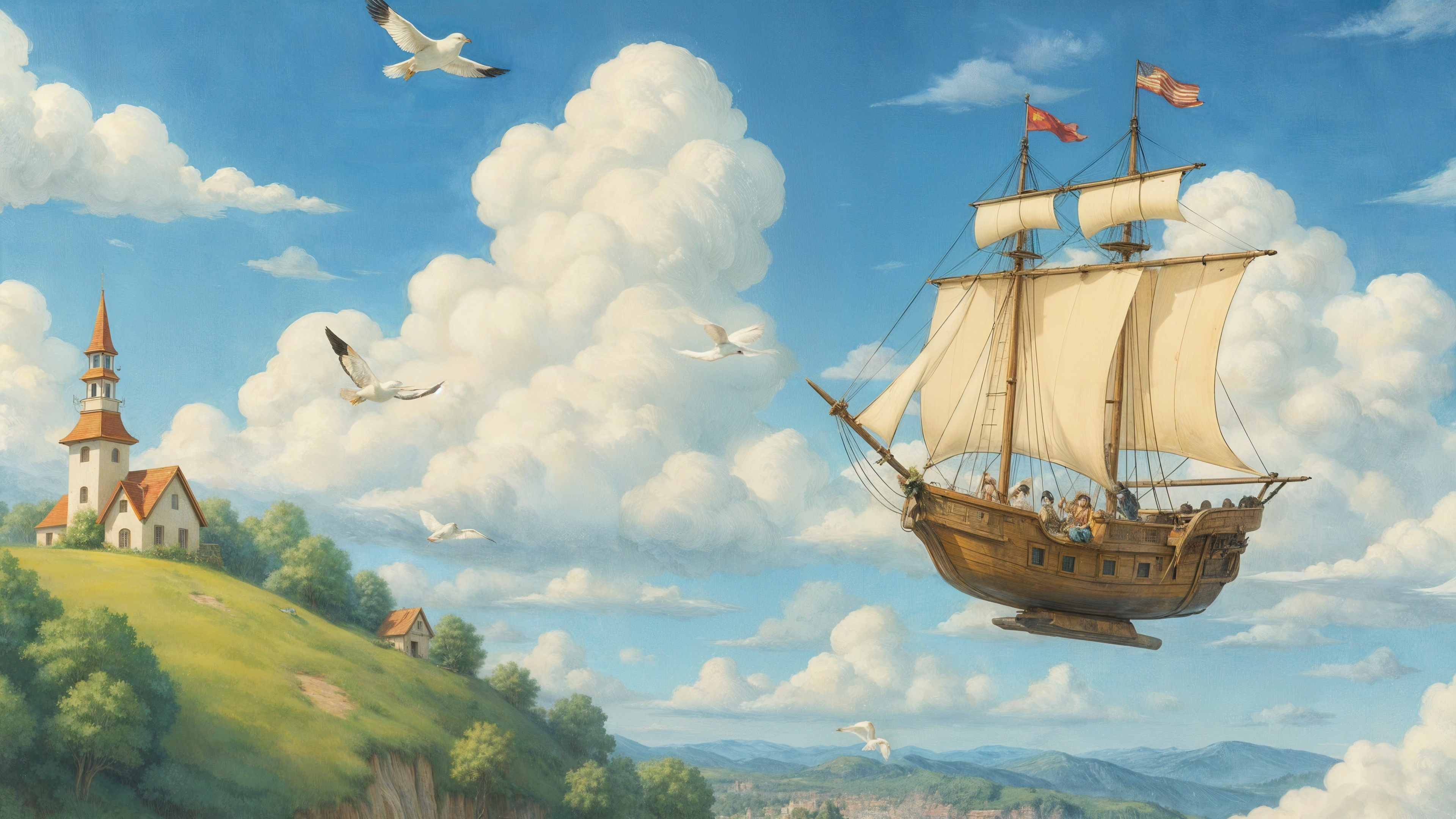 Whimsical Sailing Ship Over Village and Hillside Scene