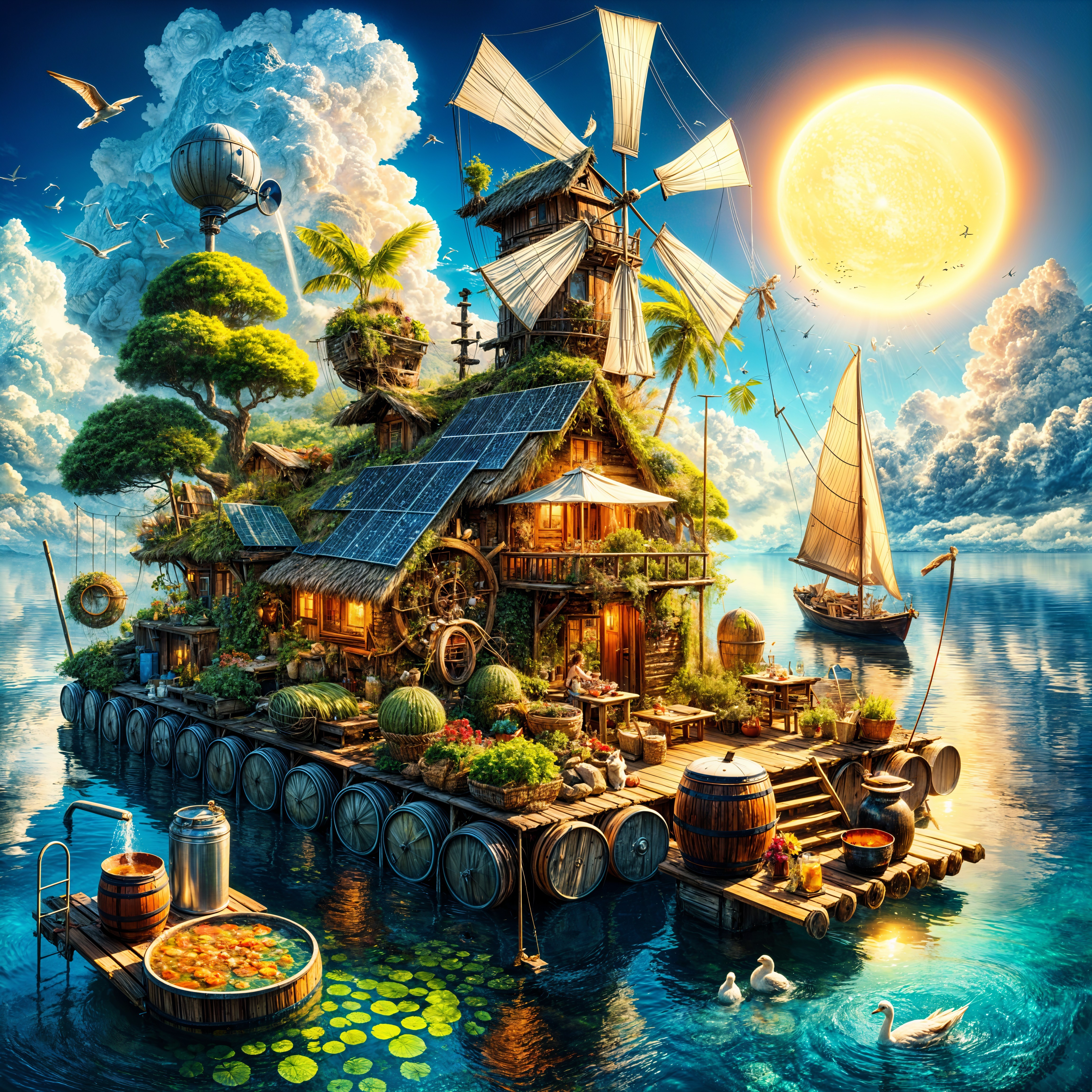 Whimsical Floating Island with Charming House and Nature