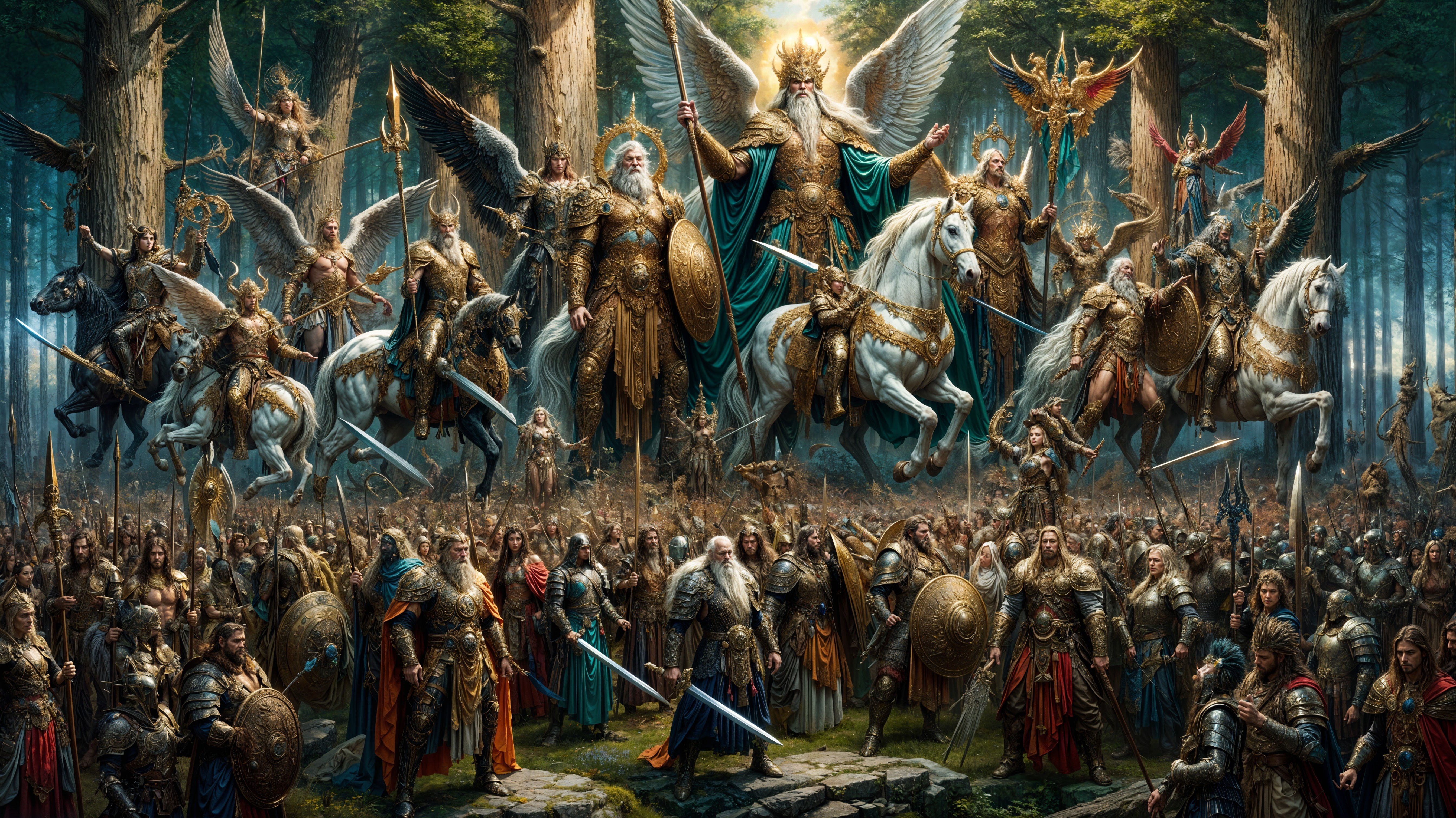 Majestic army in ancient forest with mythical beings