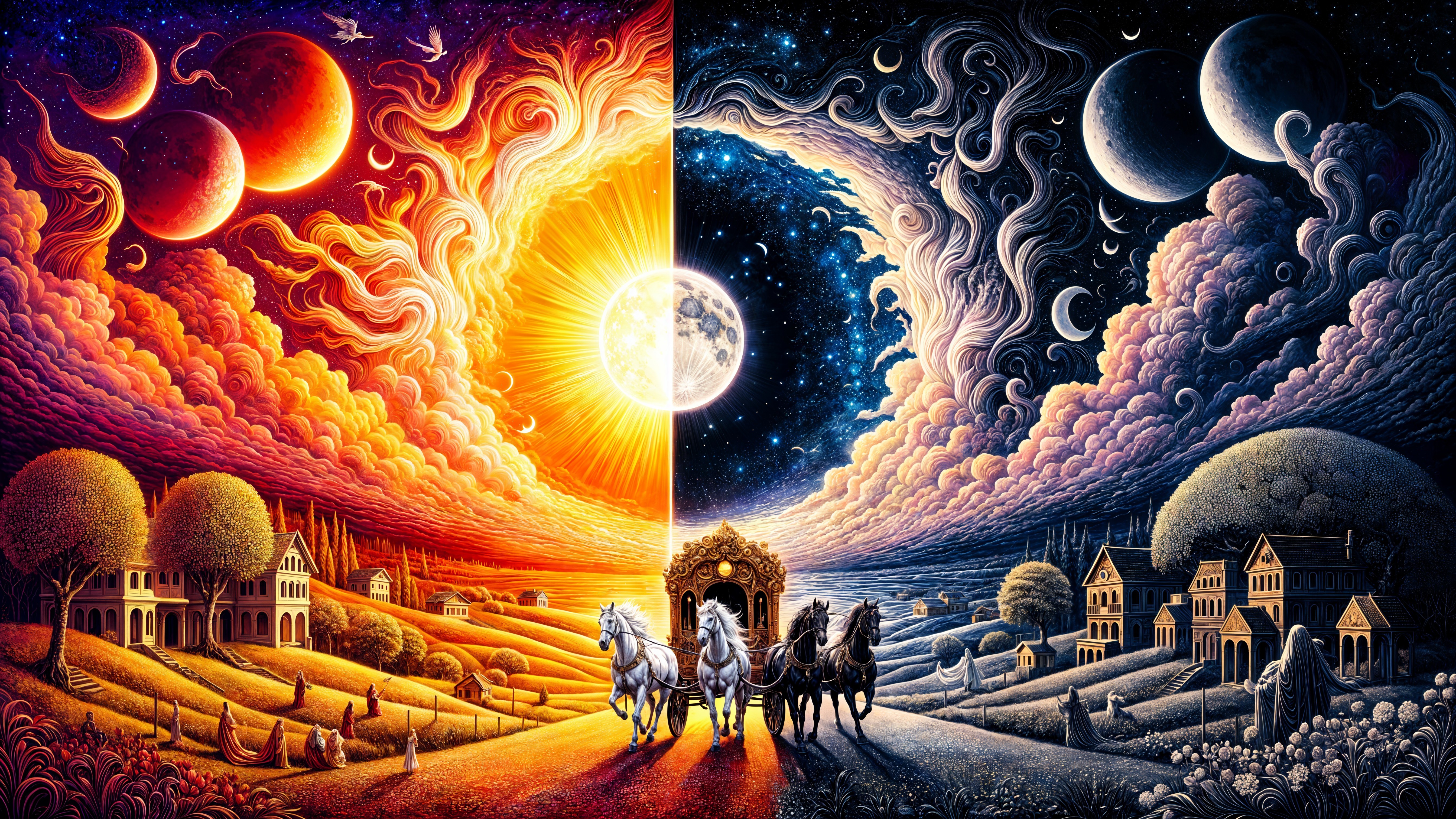 Split Landscape of Day and Night with Horses and Stars