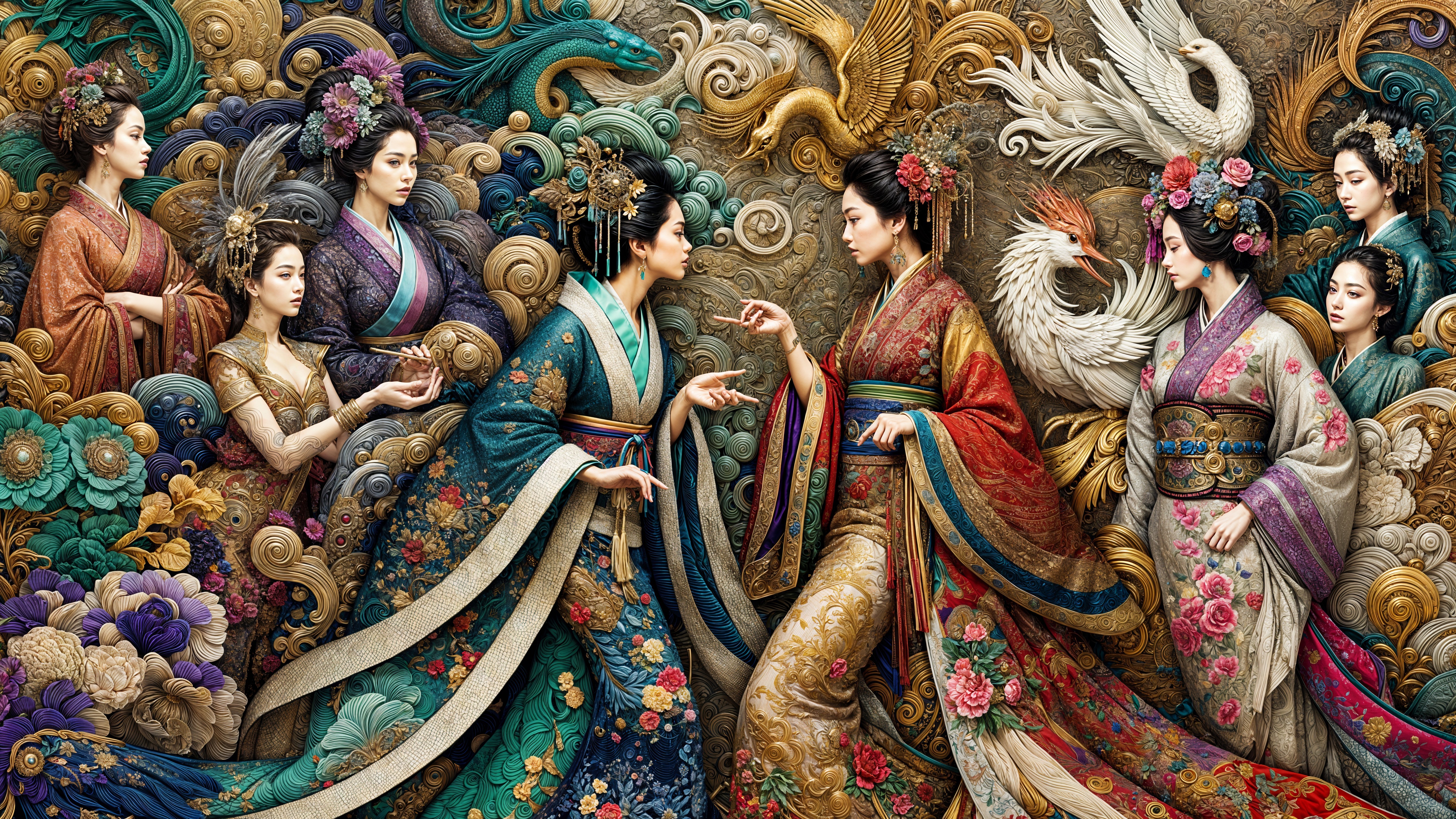 Vibrant Tapestry of Elegantly Dressed Women and Nature