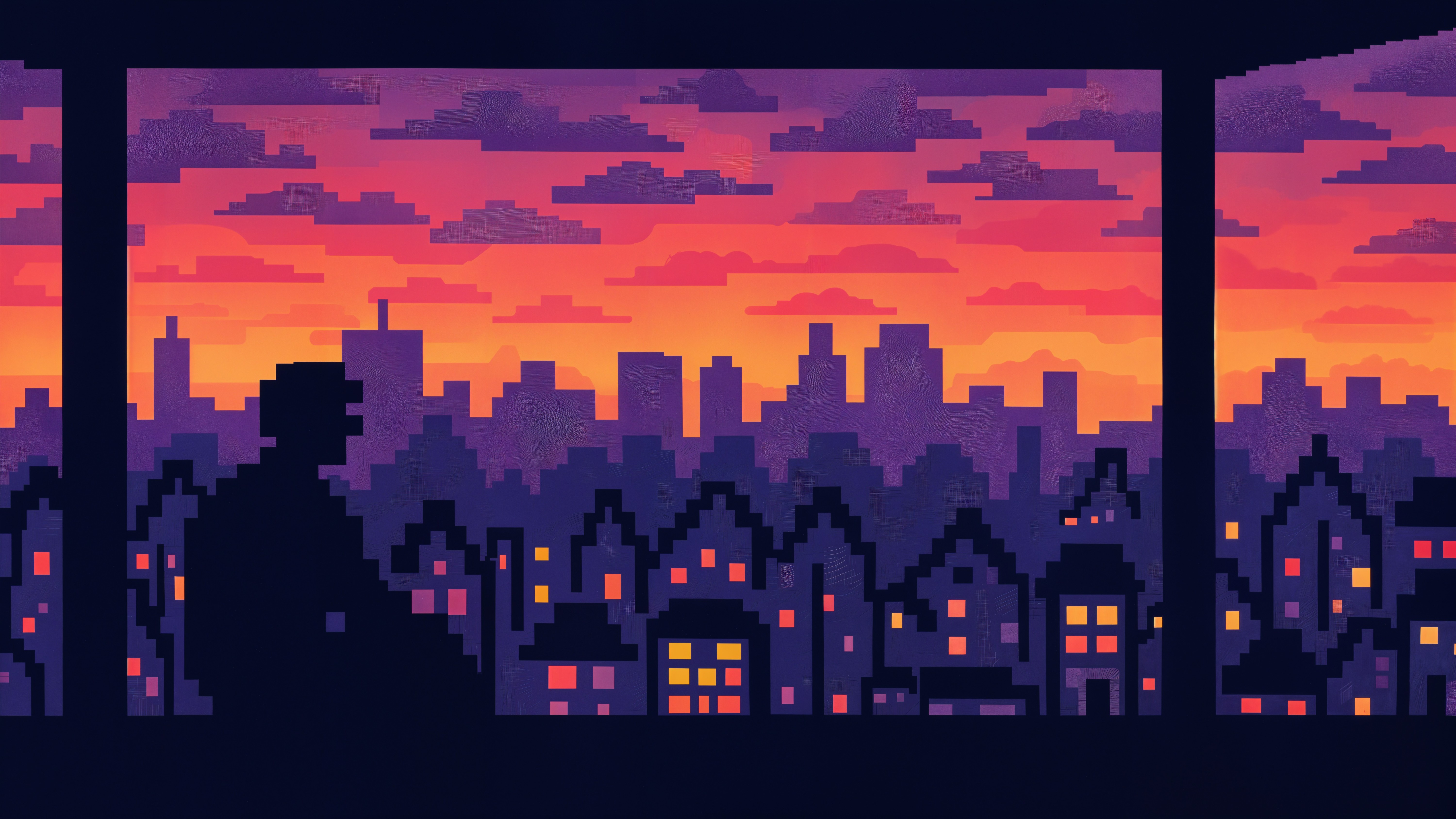 Pixel Art of Silhouette at Sunset Over City Skyline