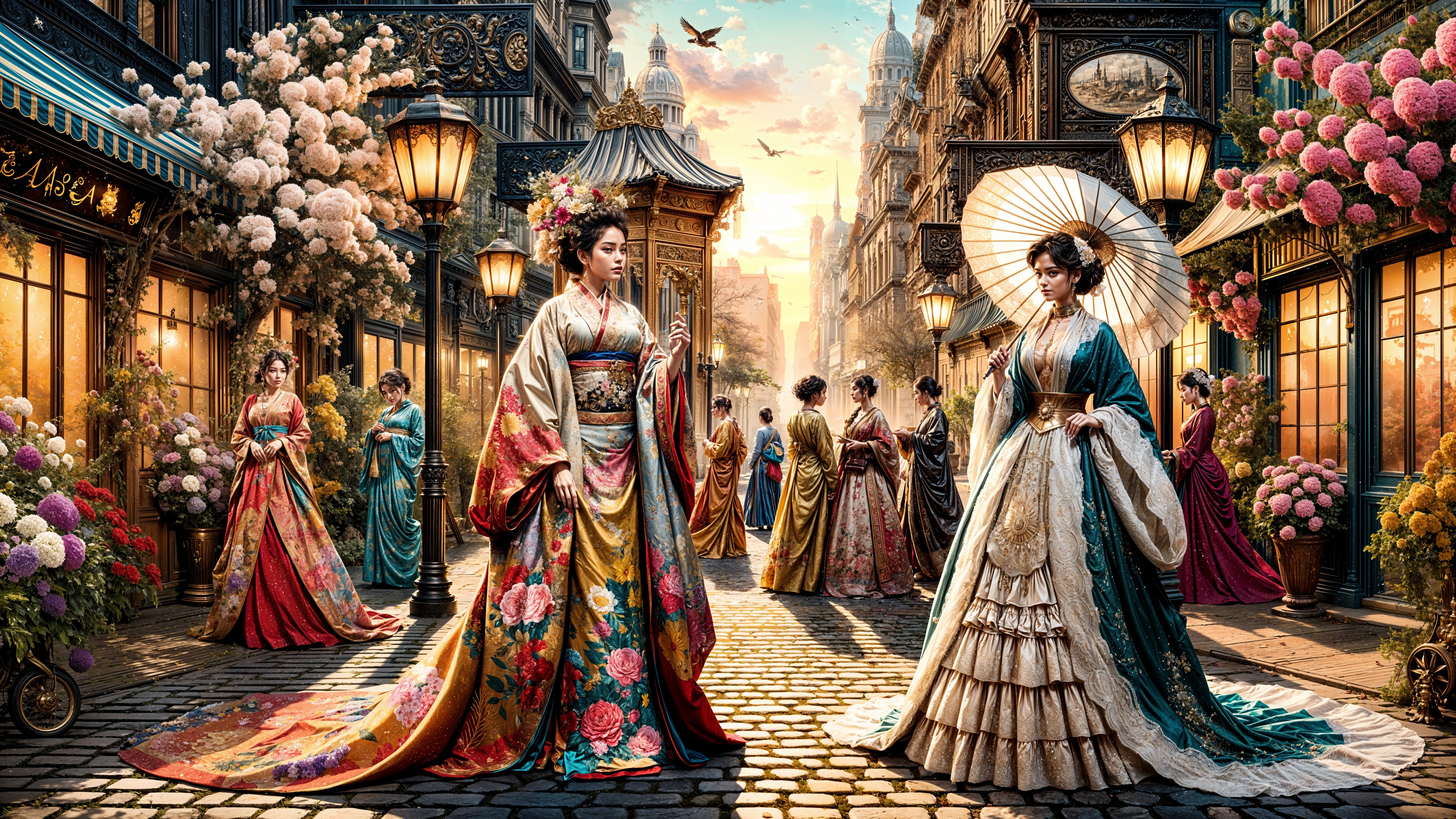Traditional Garments in a Vibrant Sunset Street Scene