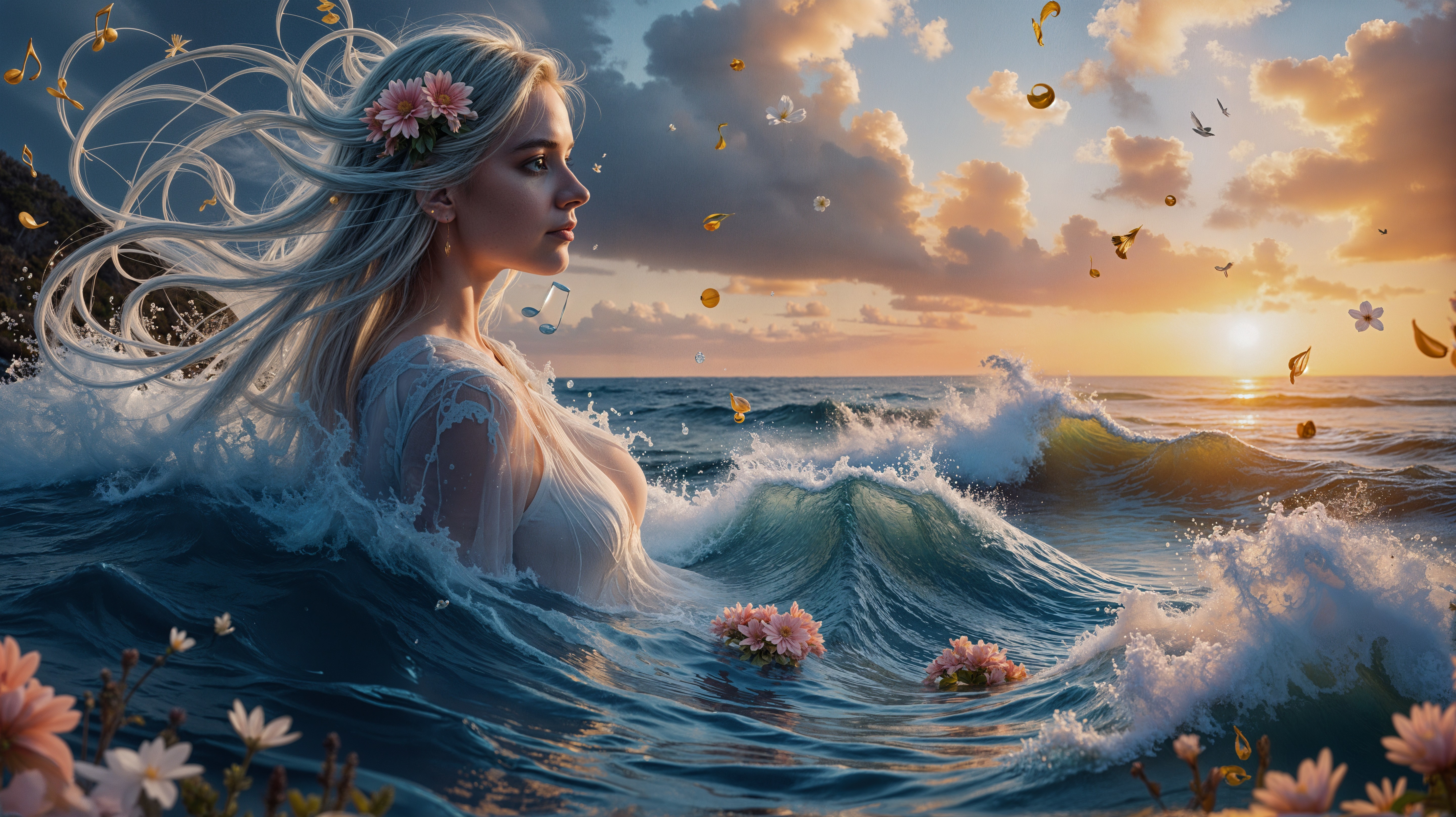 Serene woman with white hair in vibrant ocean waves