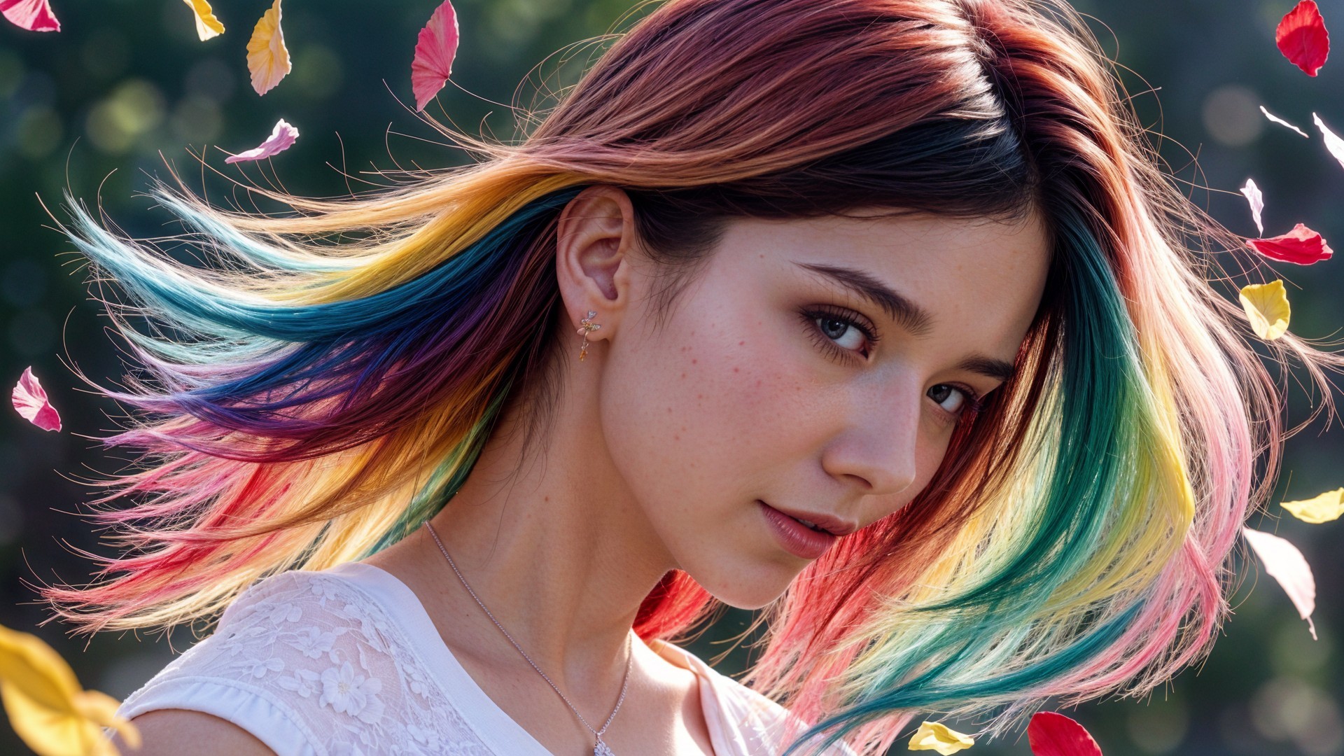 Young woman with multicolored hair in autumn setting