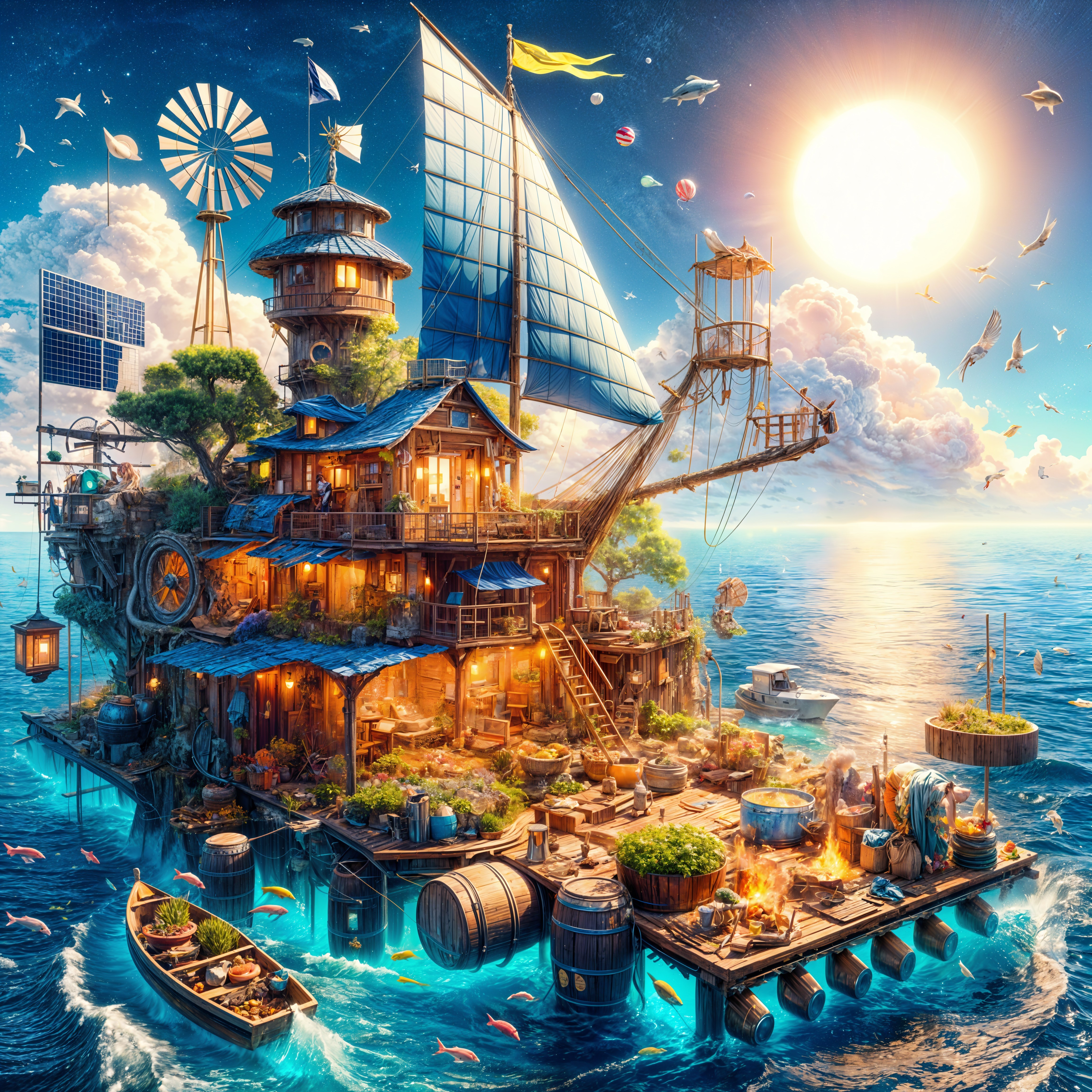 Whimsical Floating Island with Rustic and Tech Elements