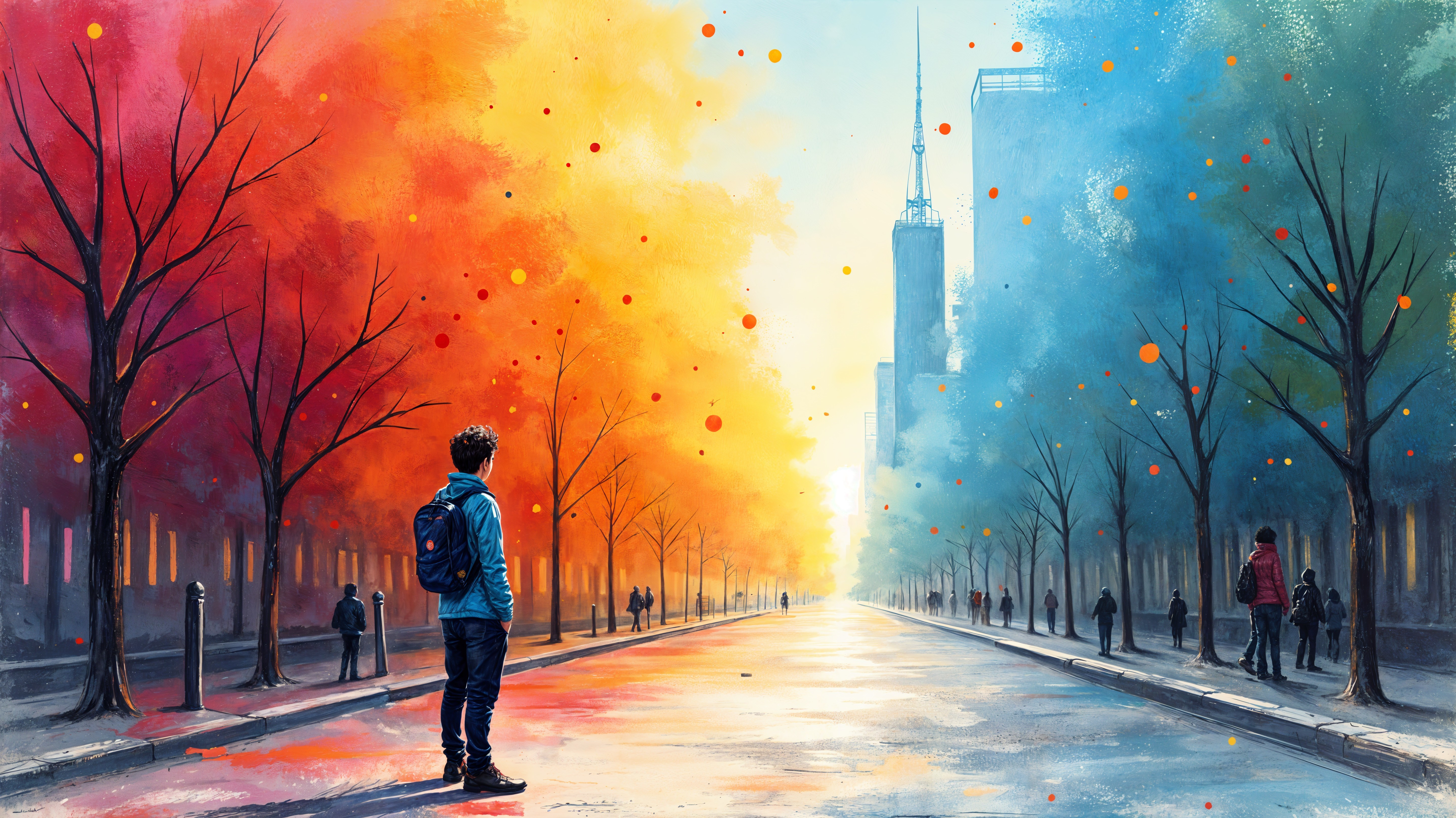 Vibrant street scene with sunset and silhouetted figures