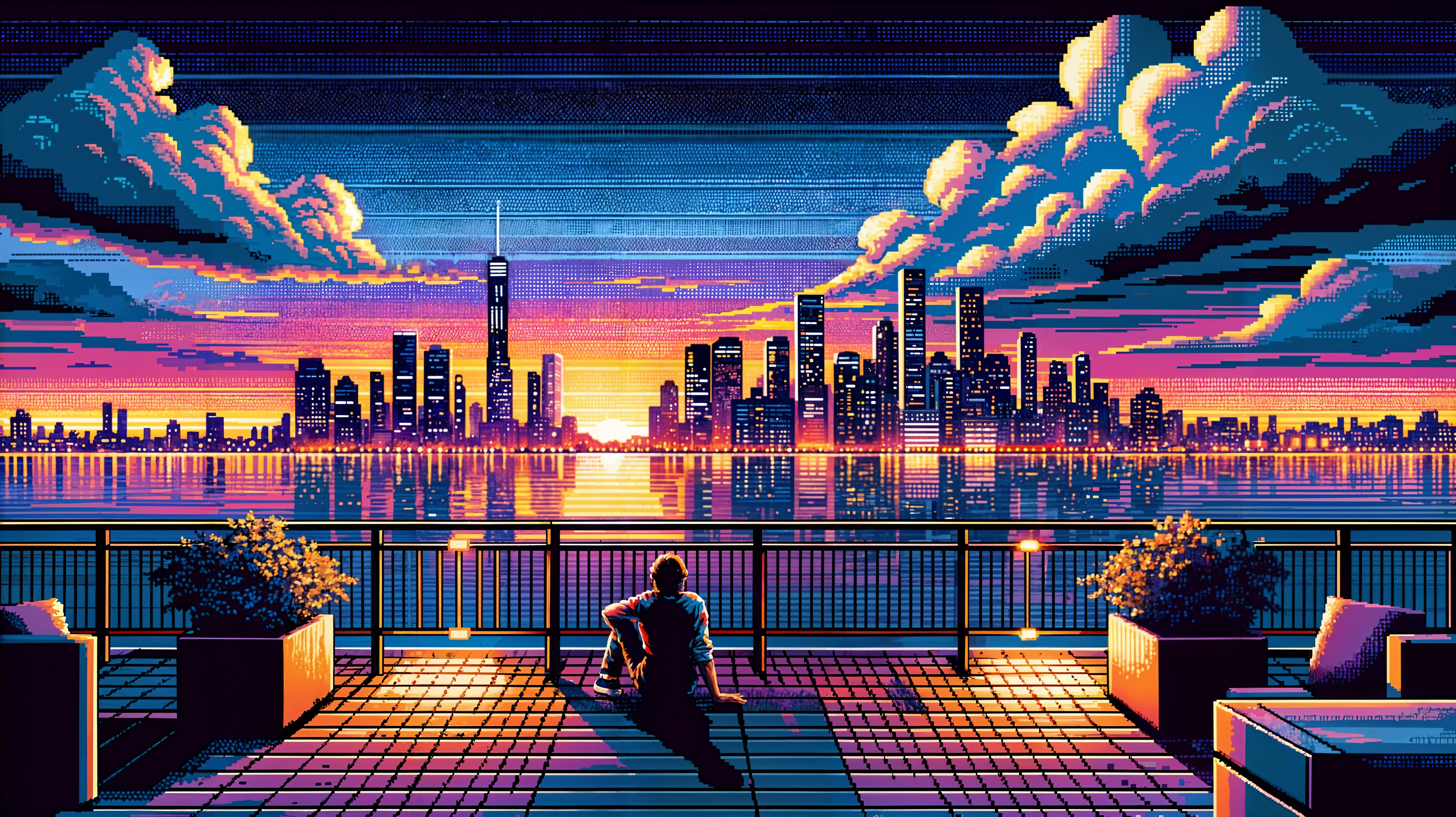 Surreal Pixel-Art Scene of Sunset Over Futuristic Skyline