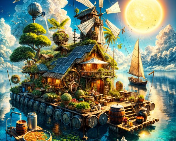 Whimsical Floating Island with Charming House and Nature
