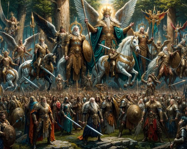 Majestic army in ancient forest with mythical beings