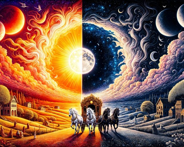 Split Landscape of Day and Night with Horses and Stars