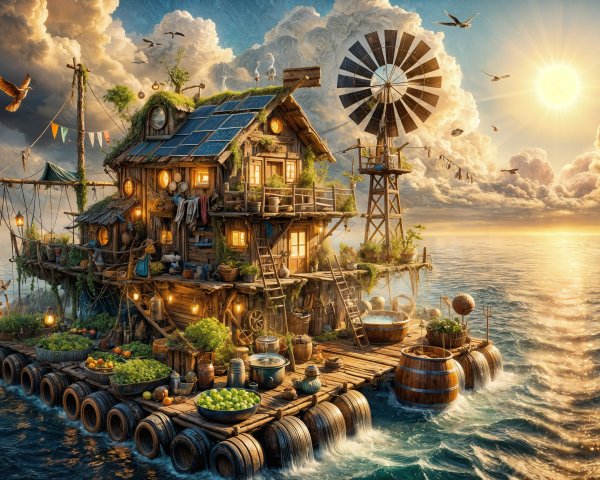 Whimsical Floating House on a Serene Ocean