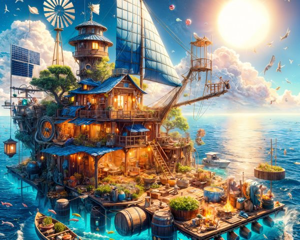 Whimsical Floating Island with Rustic and Tech Elements