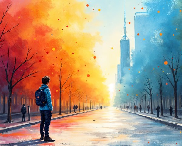 Vibrant street scene with sunset and silhouetted figures