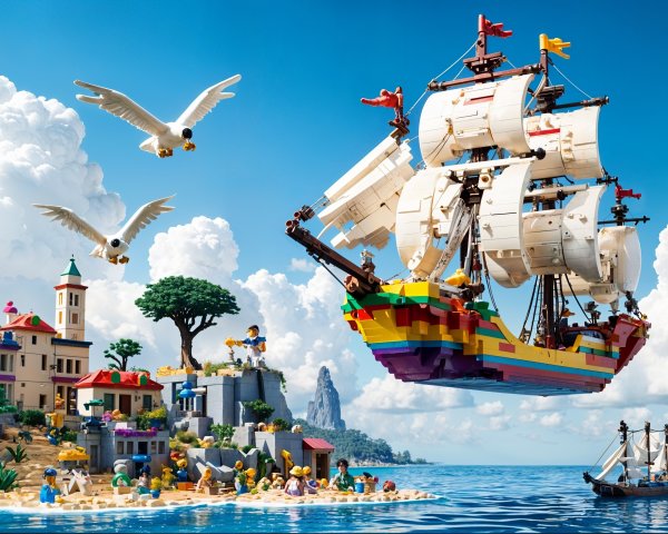 Colorful LEGO Ship Over Coastal Village Scene