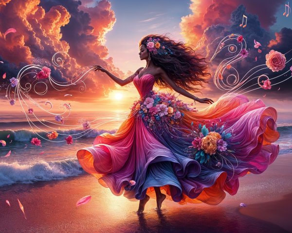 Dancer in Vibrant Gown by Ocean at Sunset