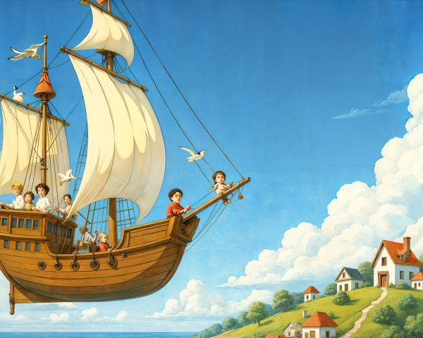 Whimsical Sailing Ship in a Bright Blue Sky Scene