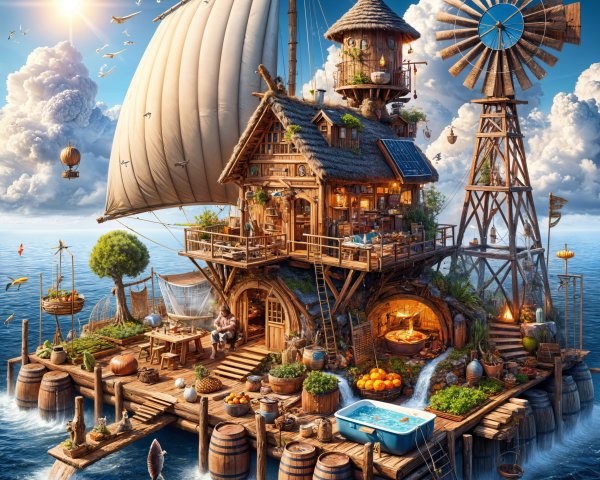 Whimsical Floating House with Rustic Maritime Features