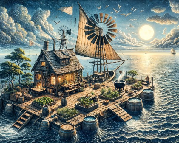 Whimsical Seaside Scene with Floating House and Windmill