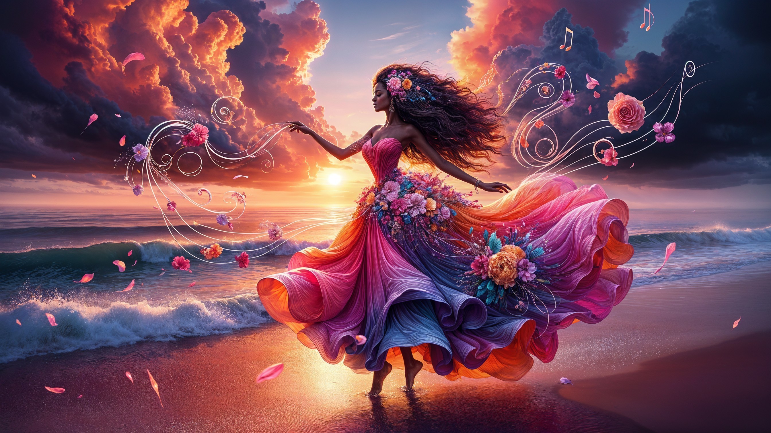 Dancer in Vibrant Gown by Ocean at Sunset