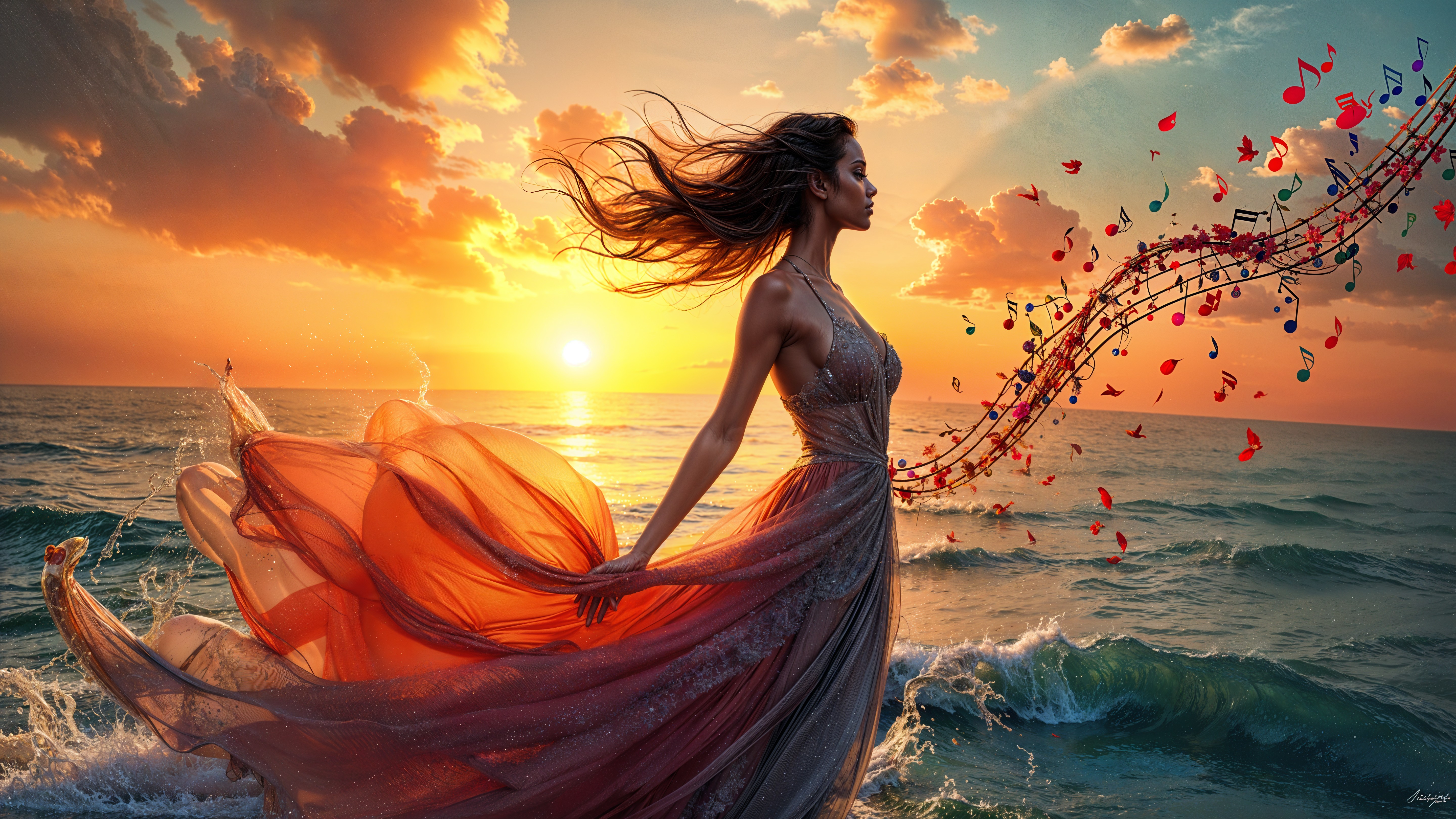 Woman by Ocean at Sunset with Flowing Dress and Music
