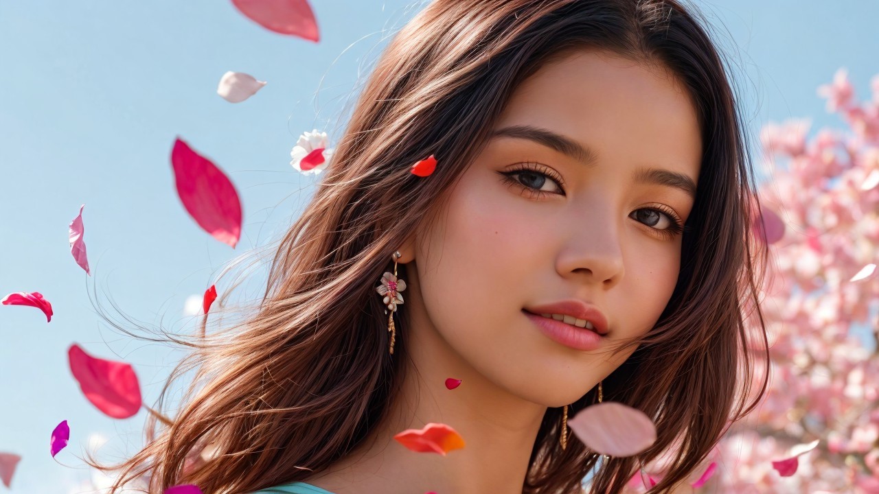 Young Woman Smiling Amid Cherry Blossoms and Sunlight