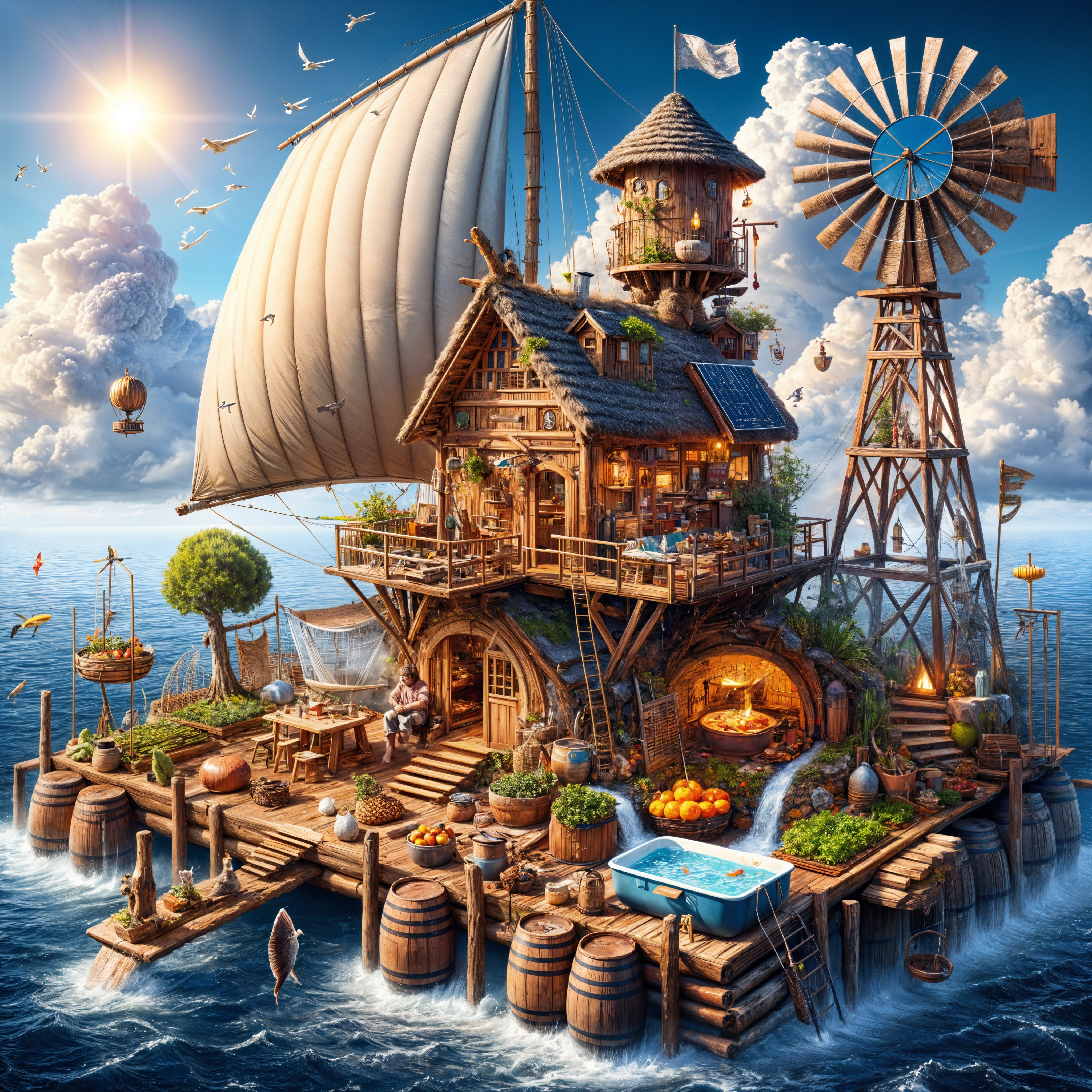 Whimsical Floating House with Rustic Maritime Features