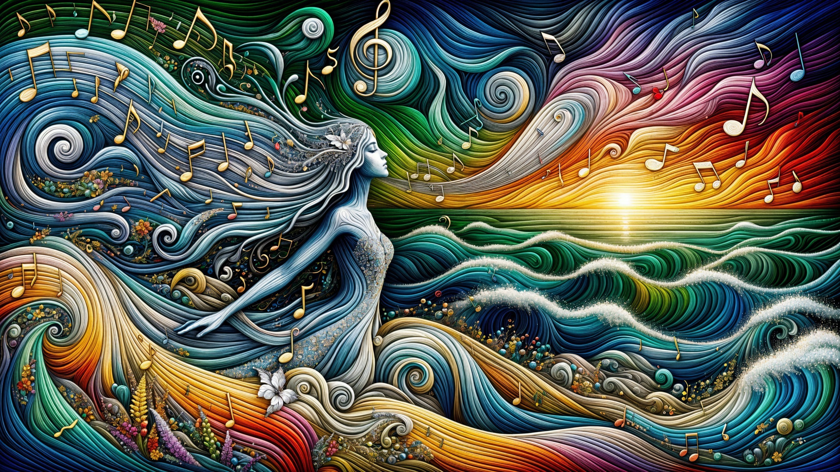 Ethereal Figure in Vibrant Seascape with Musical Notes