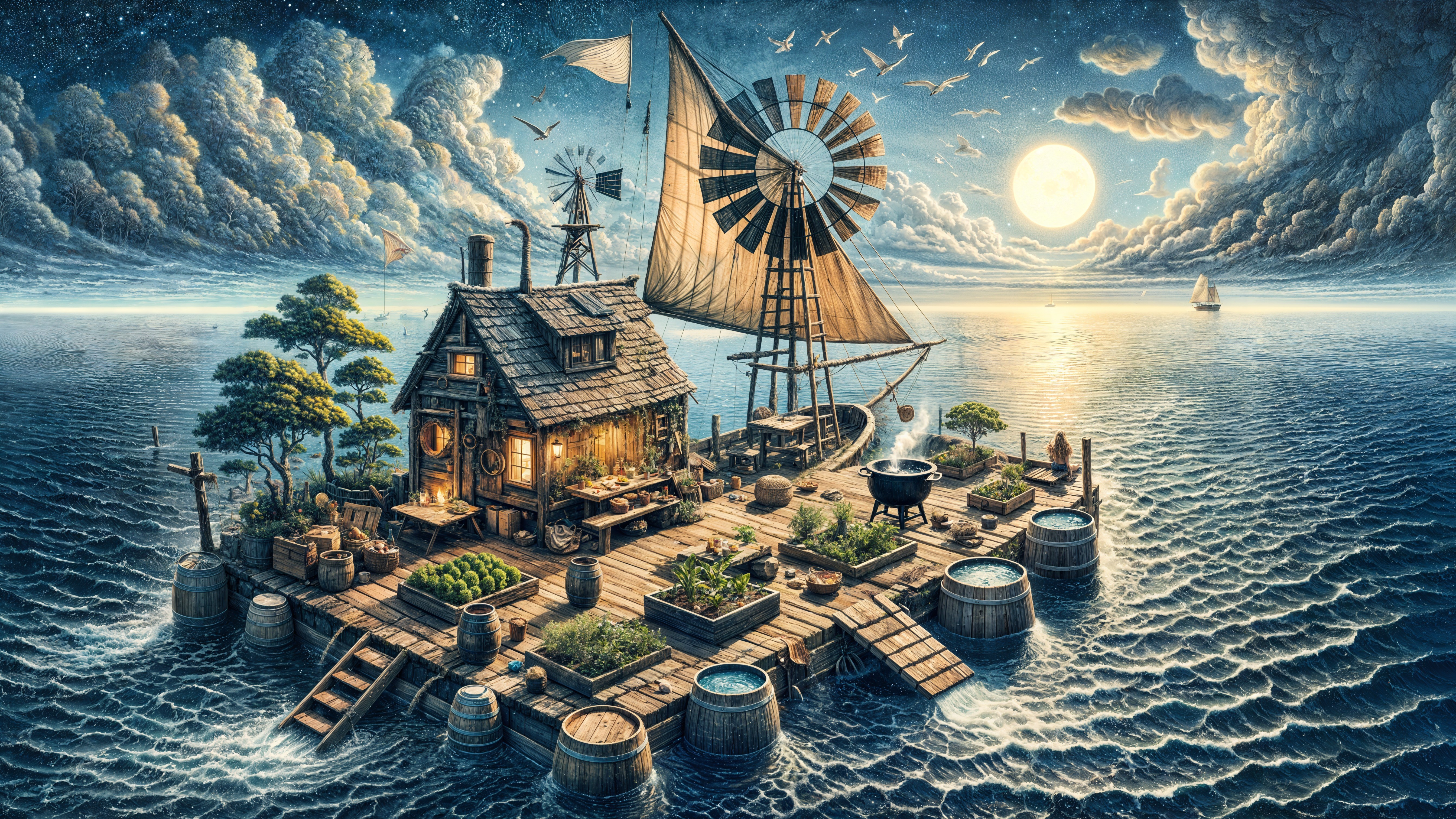 Whimsical Seaside Scene with Floating House and Windmill