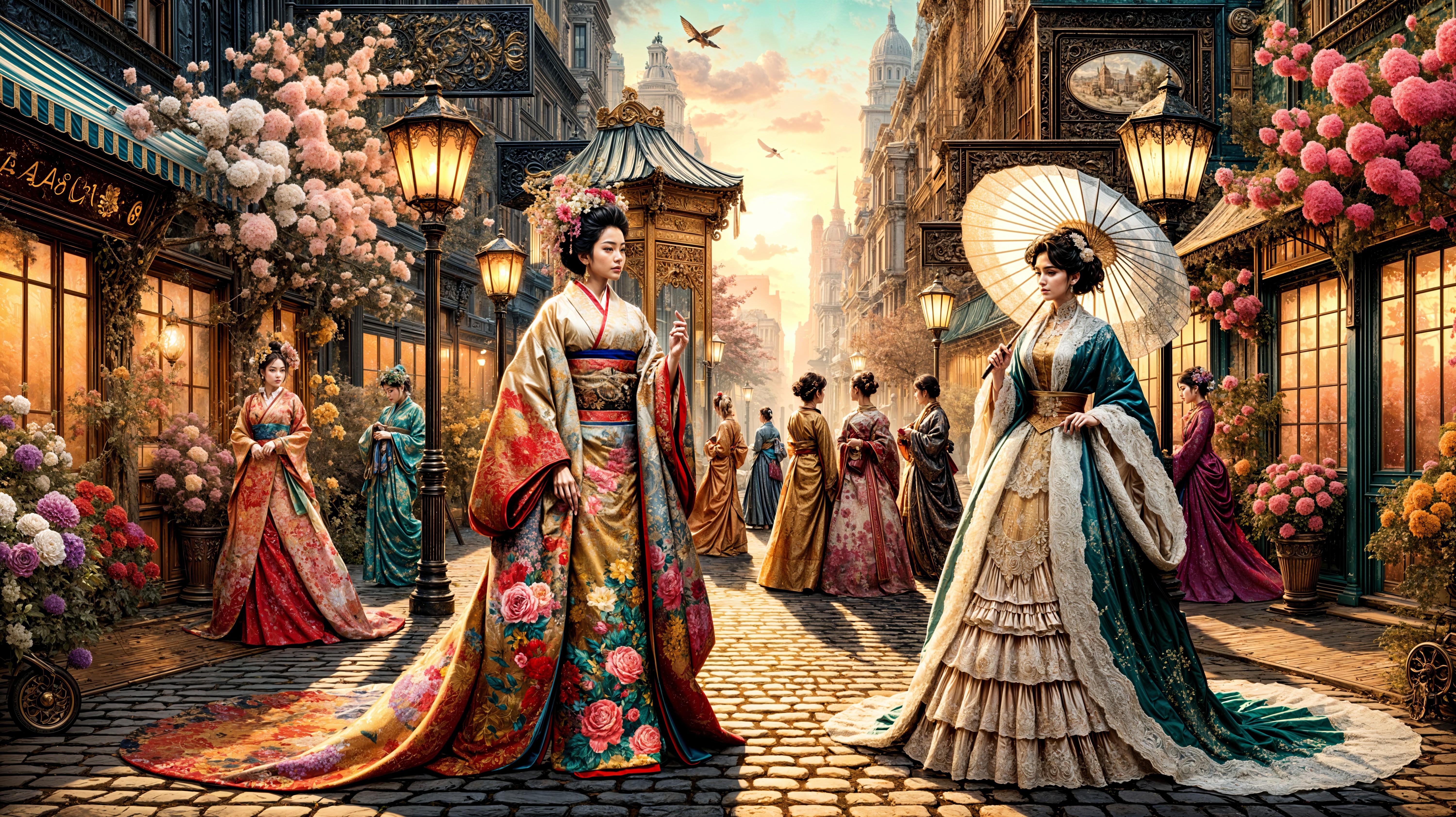 Vibrant Street Scene in Historical Town at Sunset